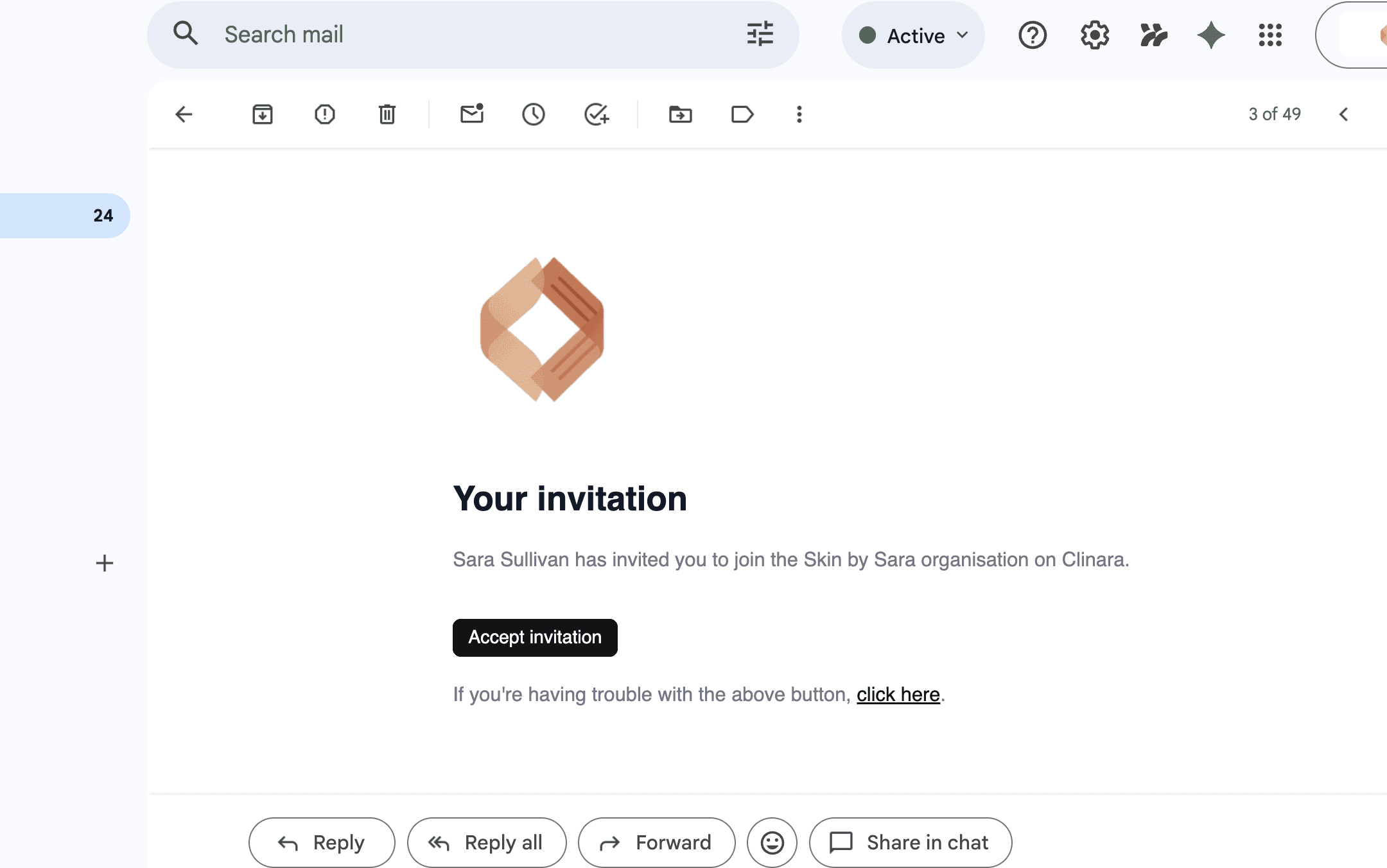 Clinara email invitation with Accept invitation button