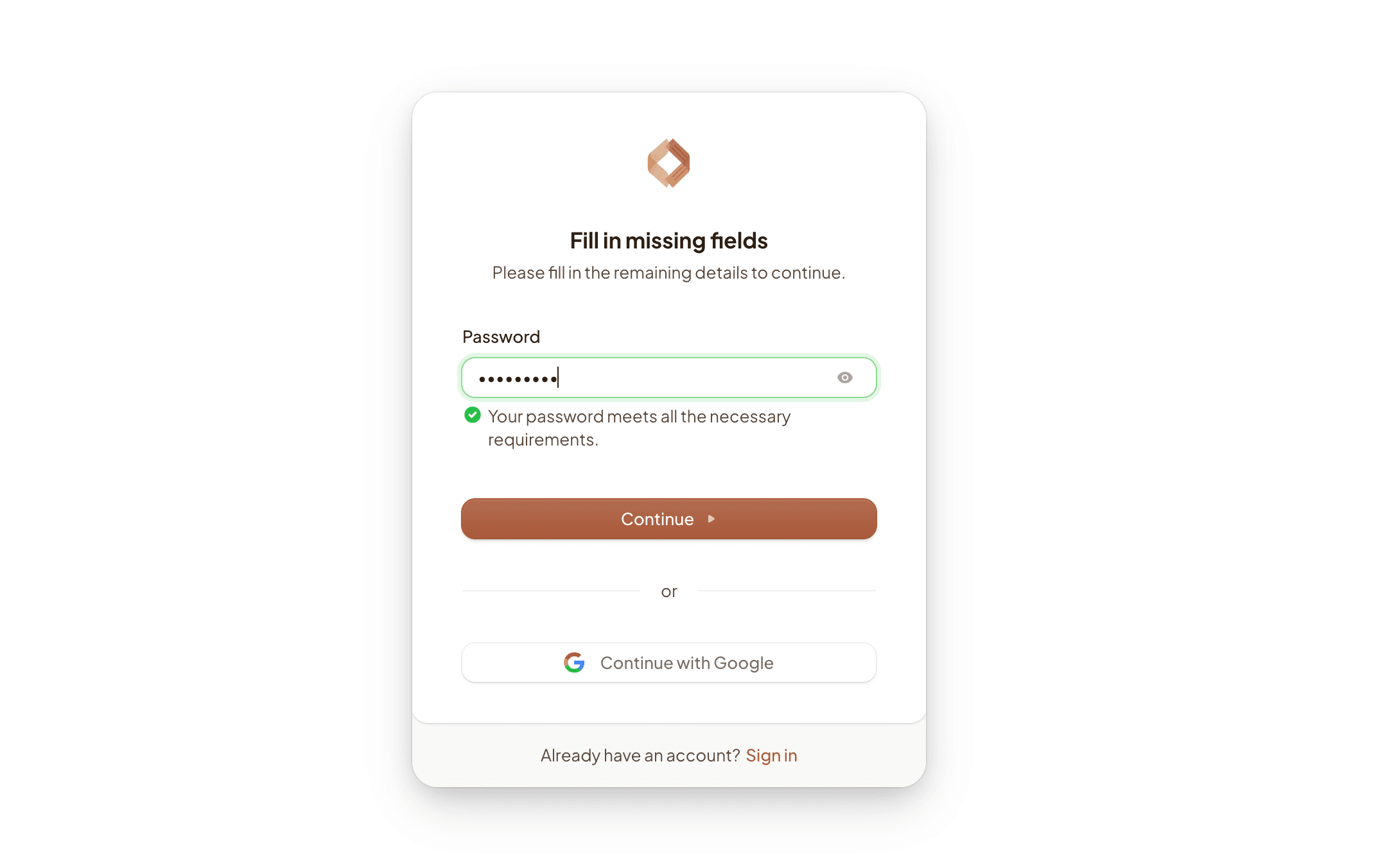Account creation screen with password field and Continue with Google option