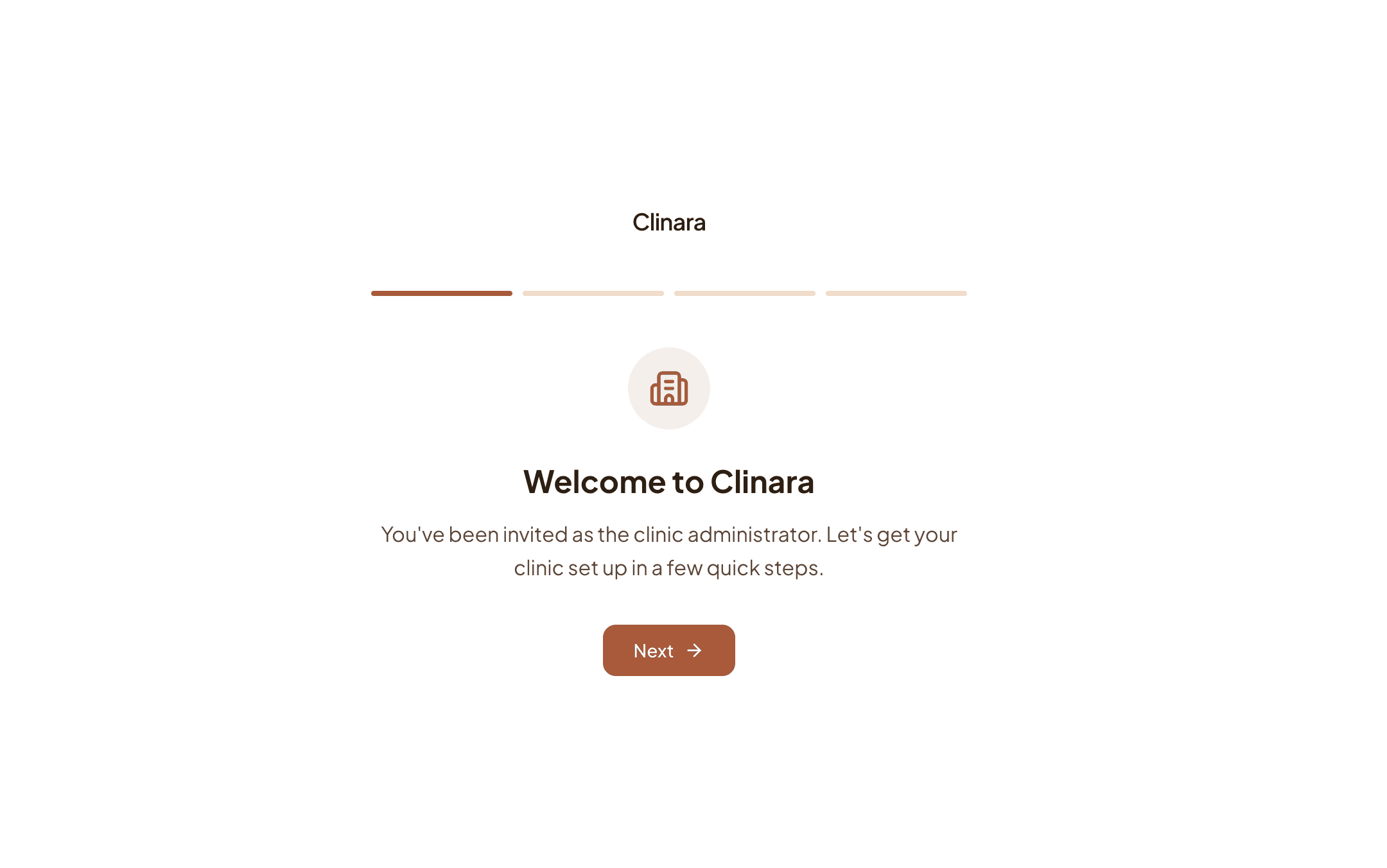 Admin onboarding welcome screen with progress bar