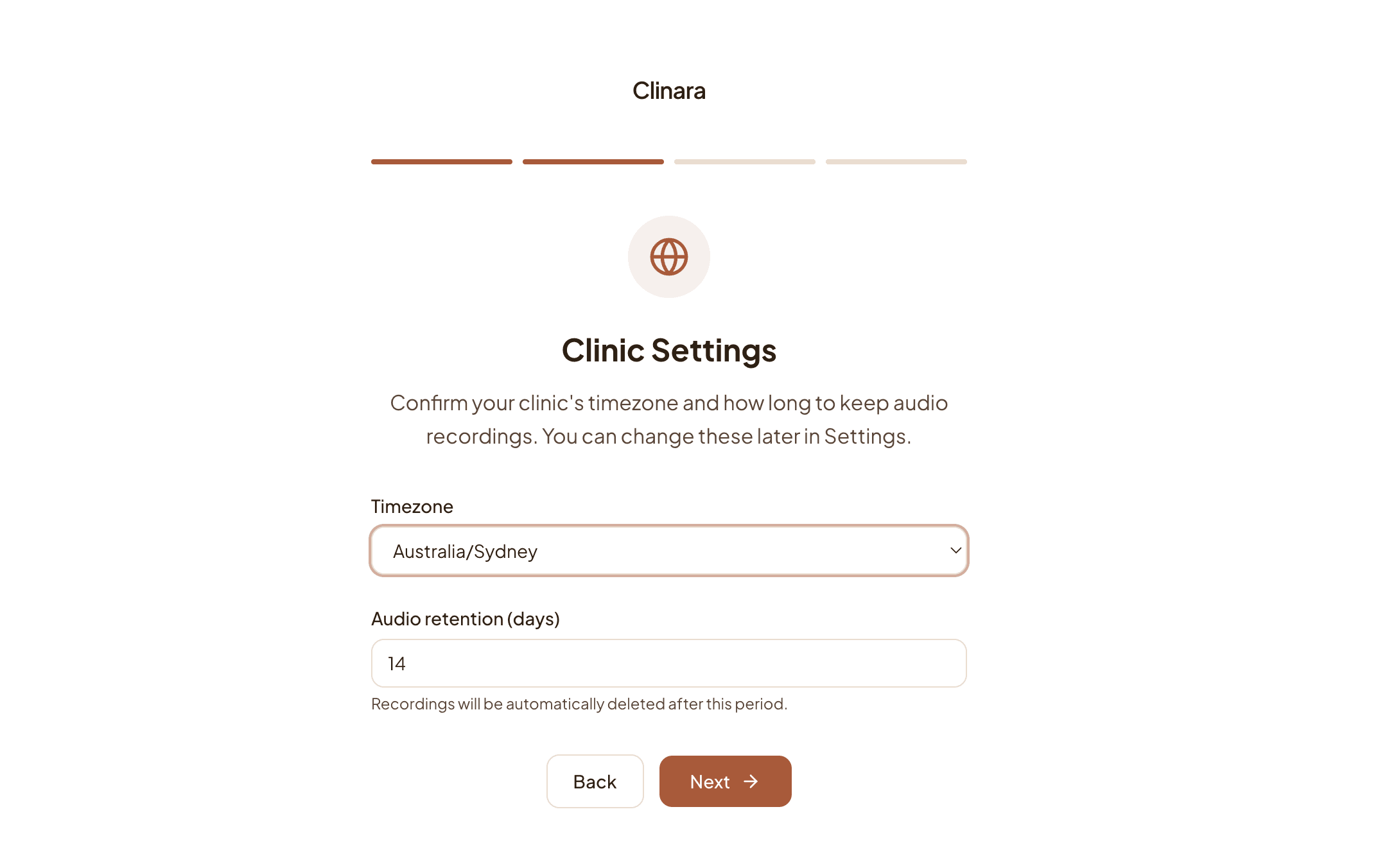 Clinic settings step with timezone selector and audio retention input
