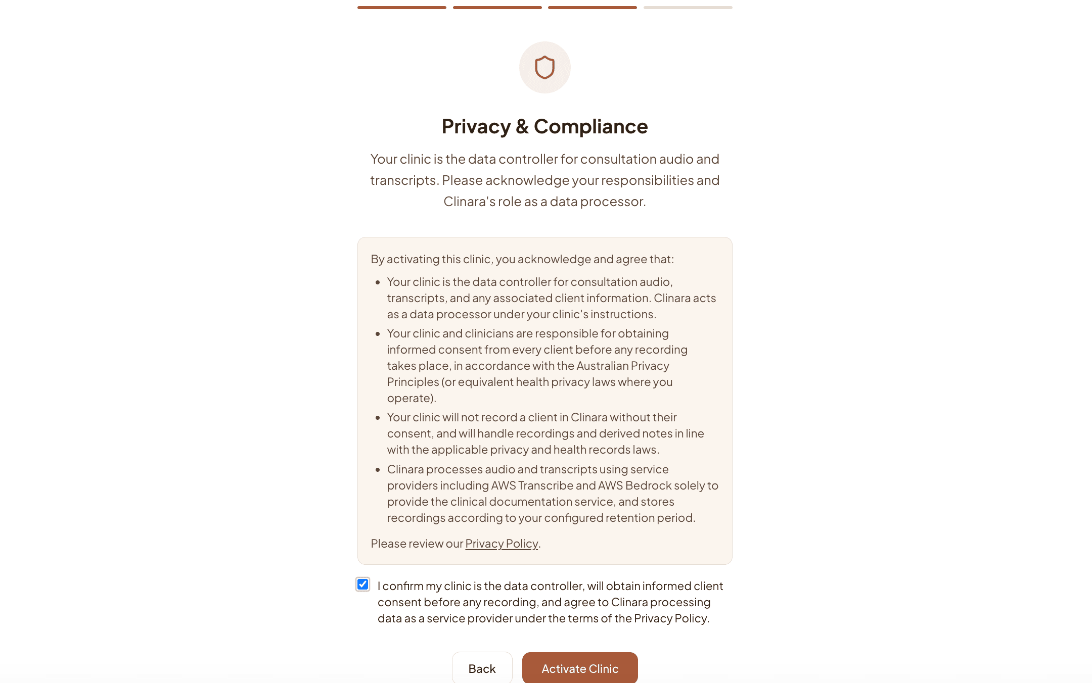 Privacy and compliance acknowledgement screen