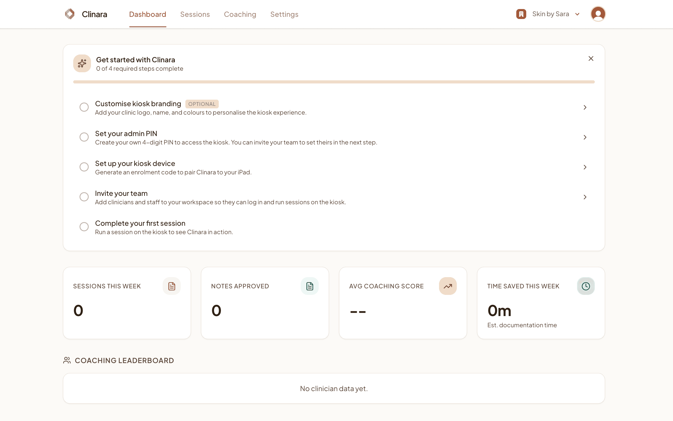 Admin dashboard with Get started with Clinara checklist