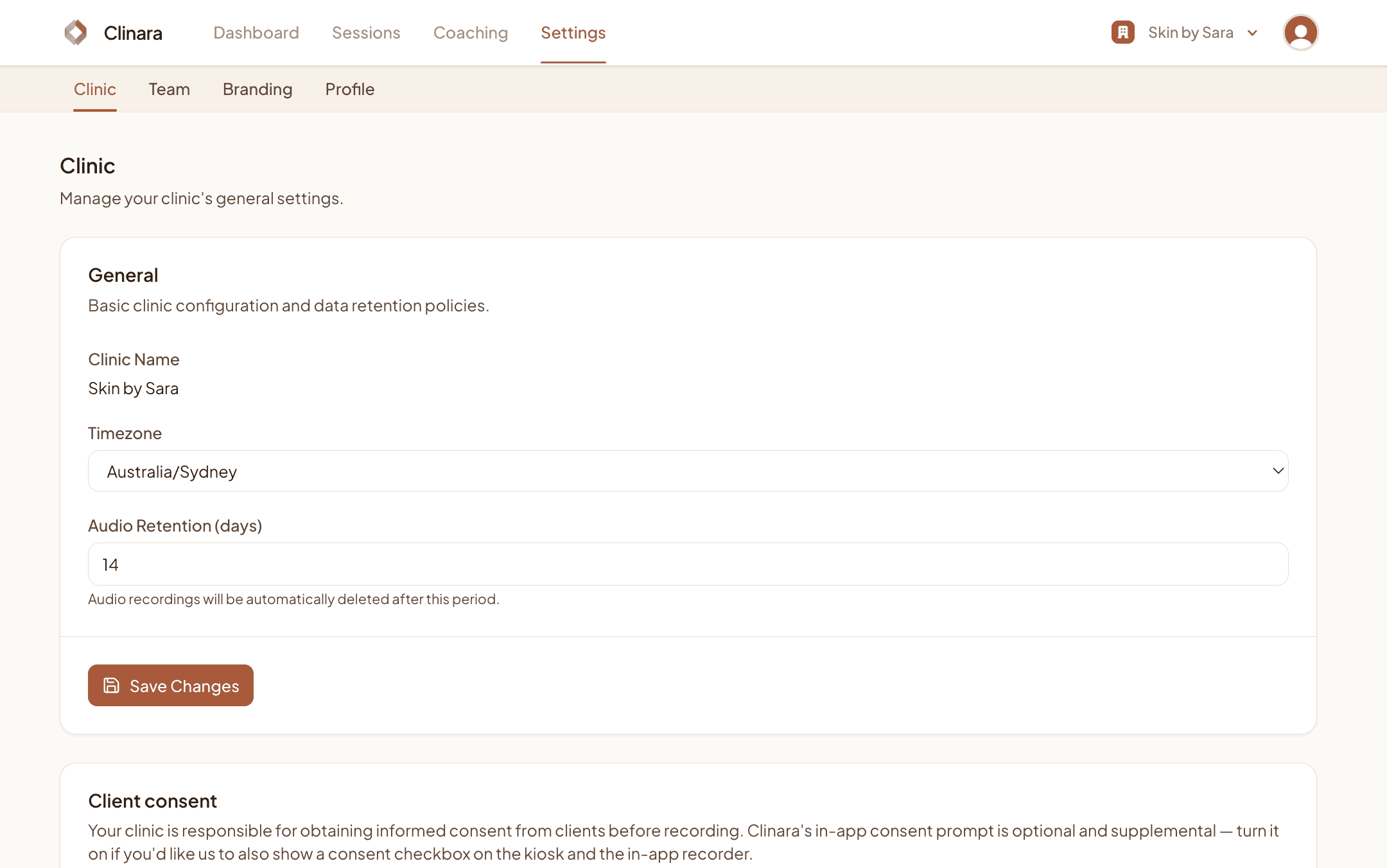 Clinic general settings page