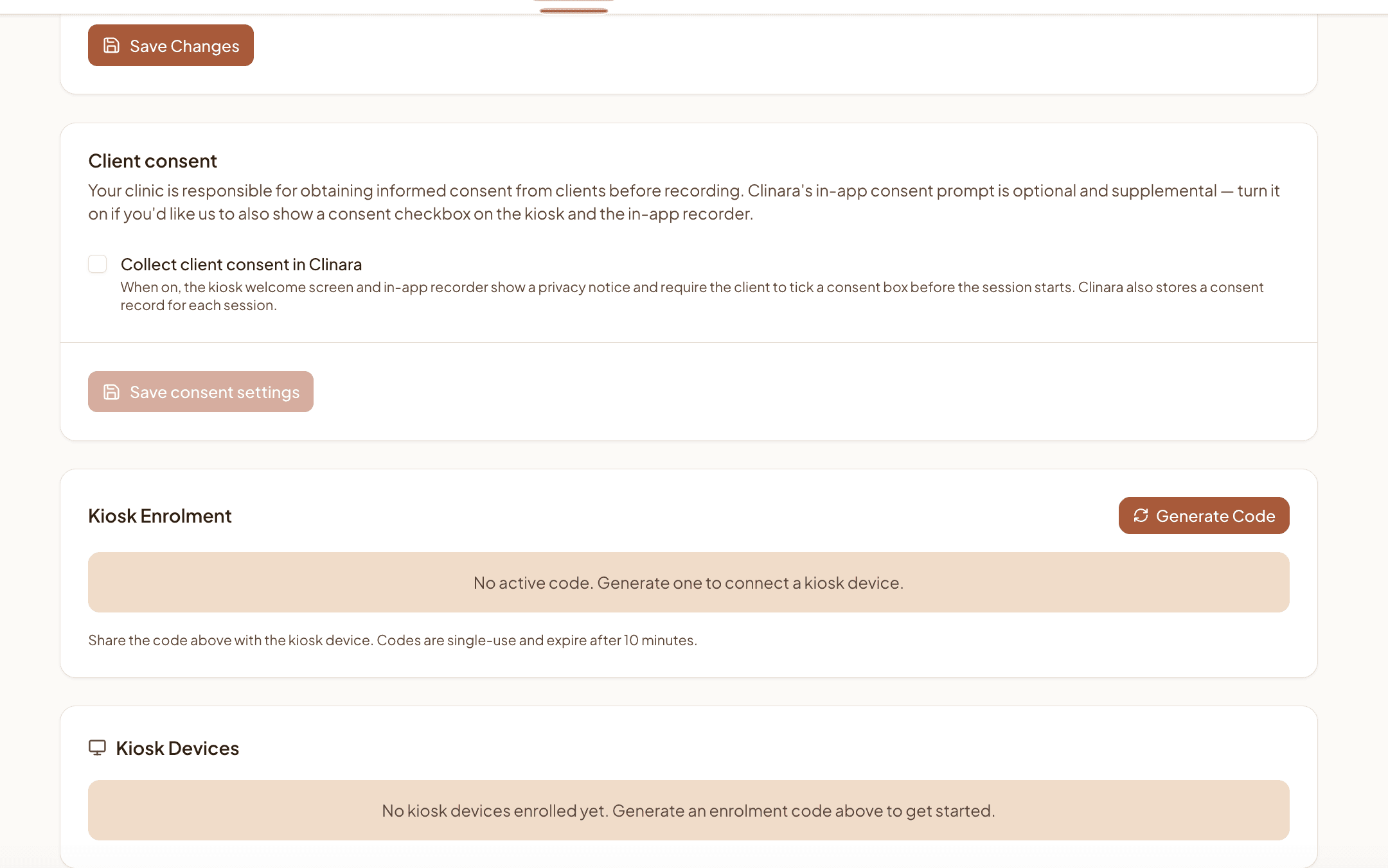 Client consent toggle in clinic settings