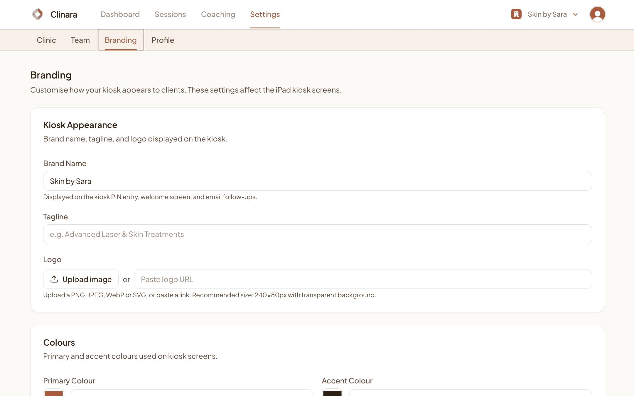 Branding tab in Settings showing brand name, tagline, and logo upload