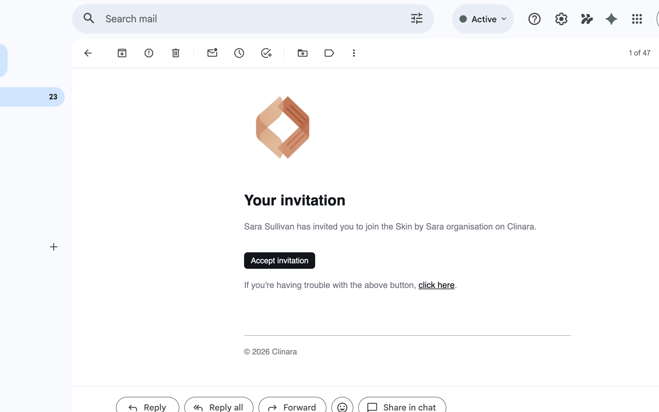 Clinara email invitation with Accept invitation button