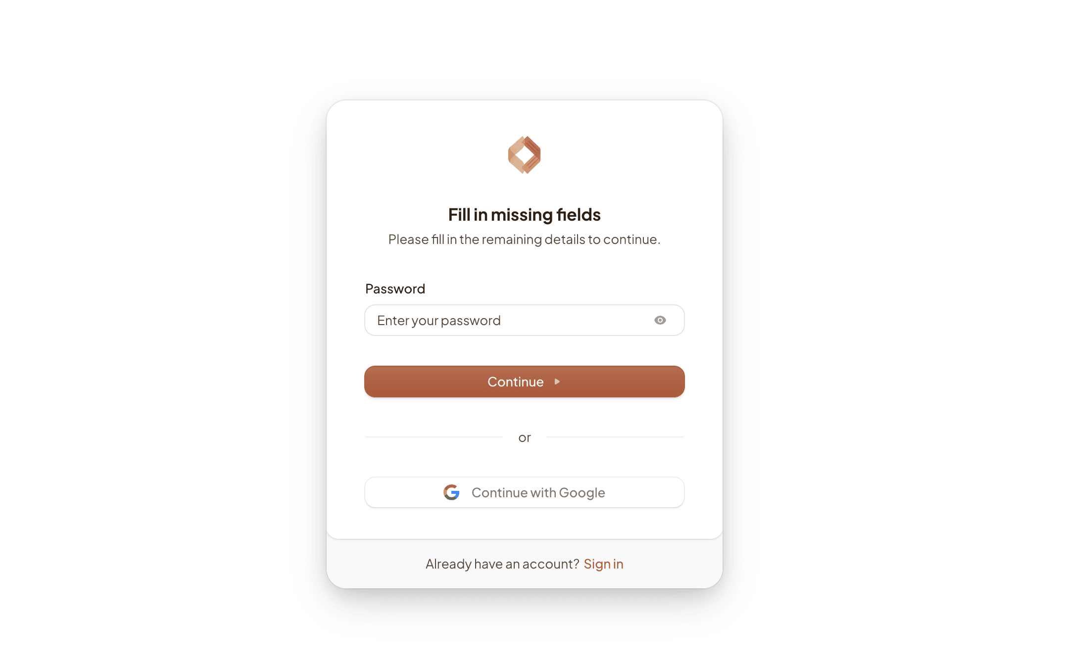 Account creation screen with password and Continue with Google