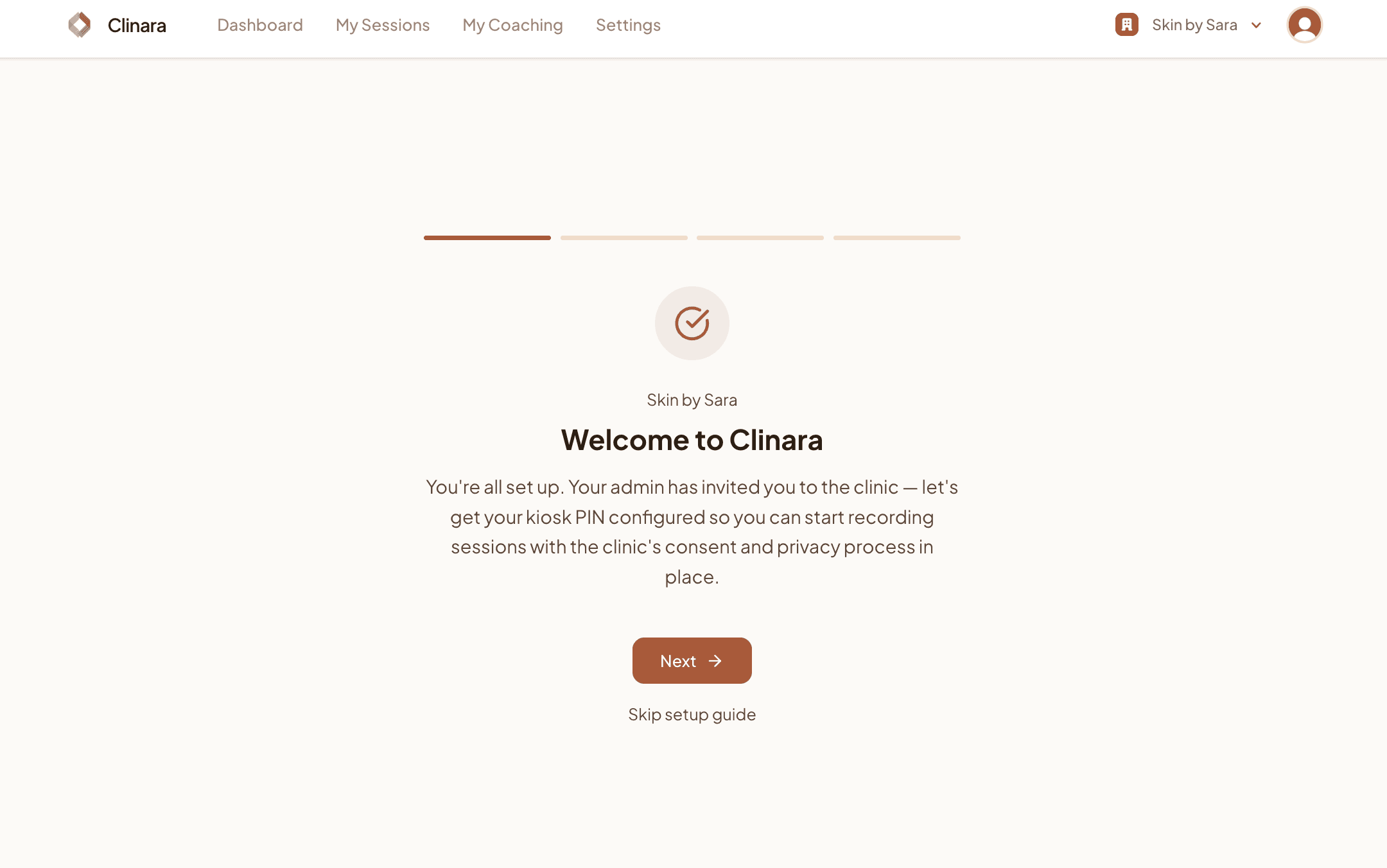Clinician onboarding welcome screen