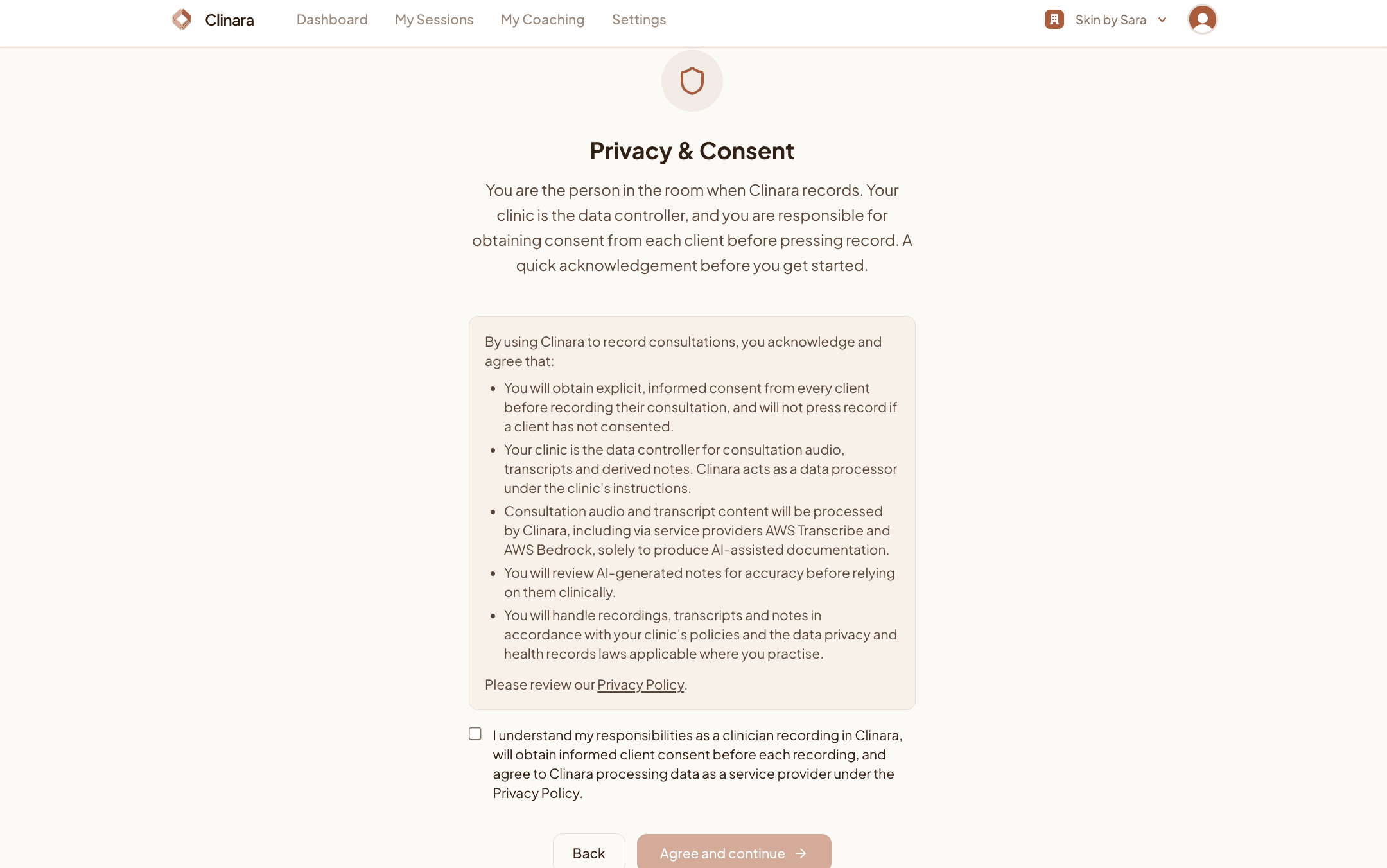 Privacy and consent acknowledgement screen for clinicians