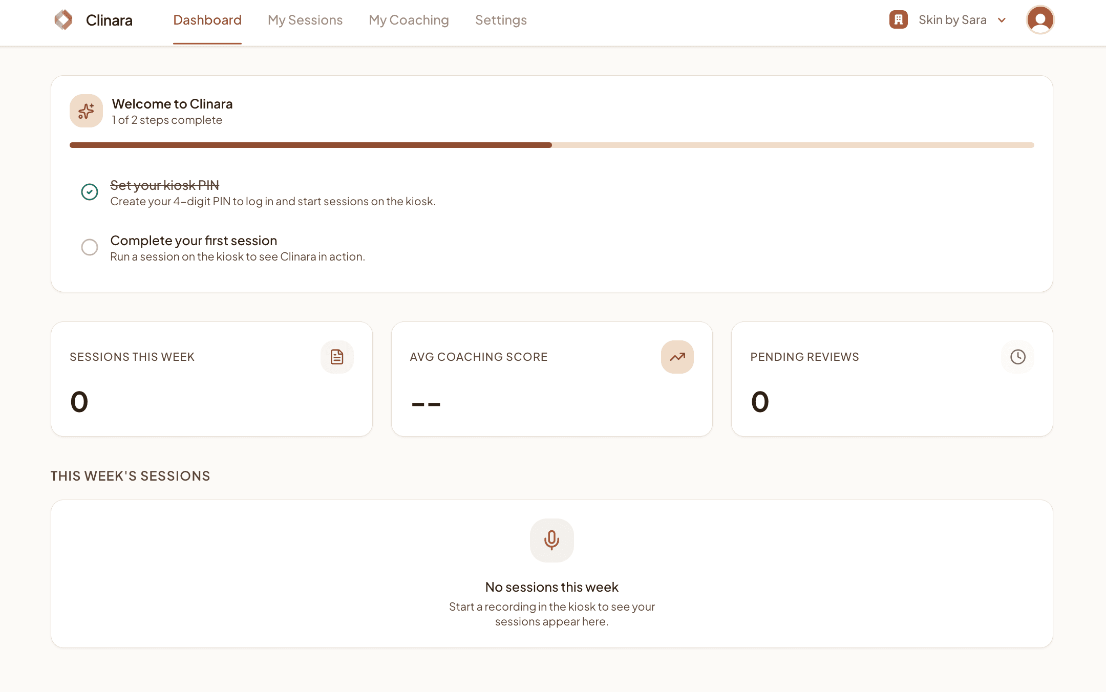 Clinician dashboard with onboarding checklist