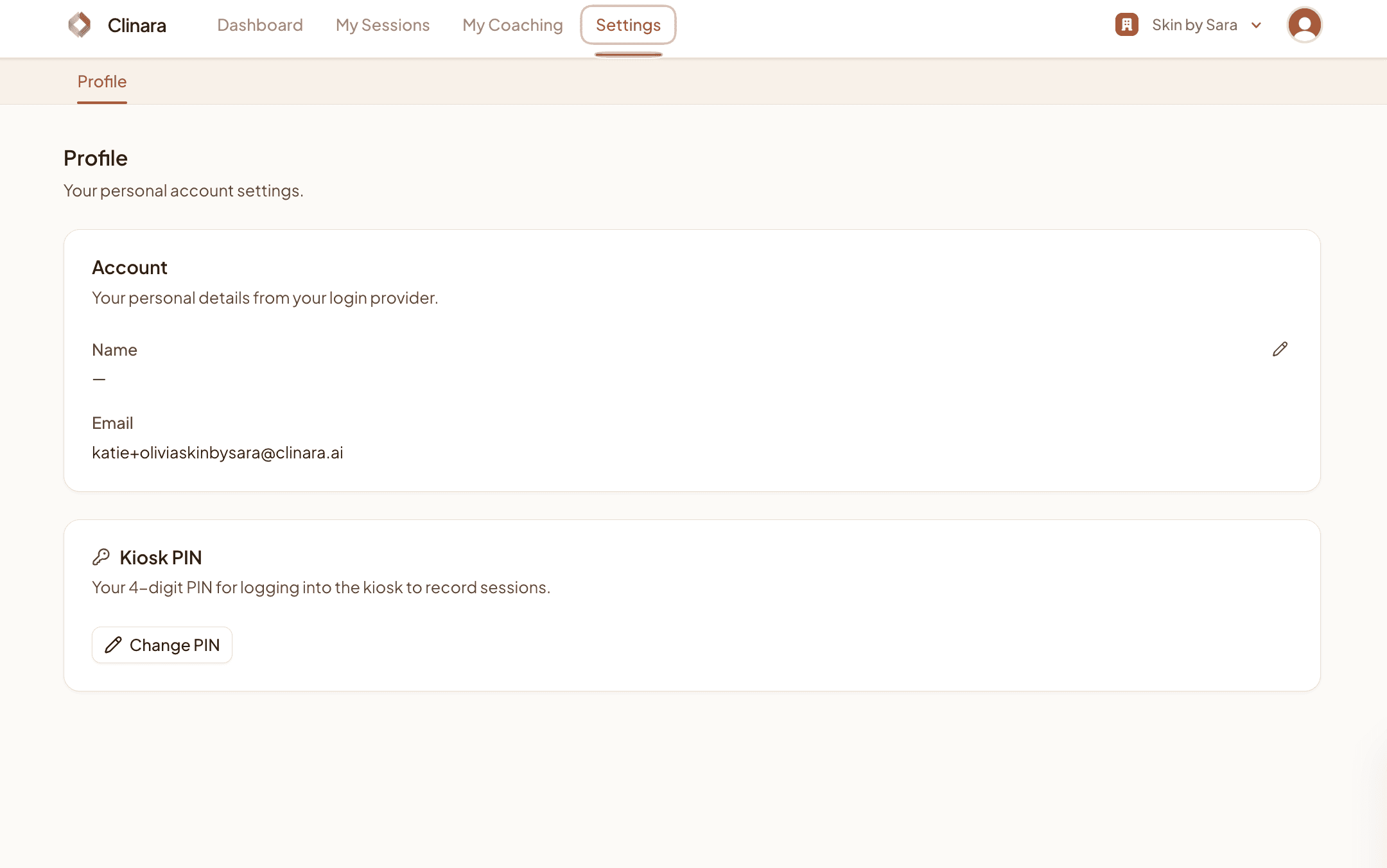 Clinician profile settings showing Account and Kiosk PIN sections
