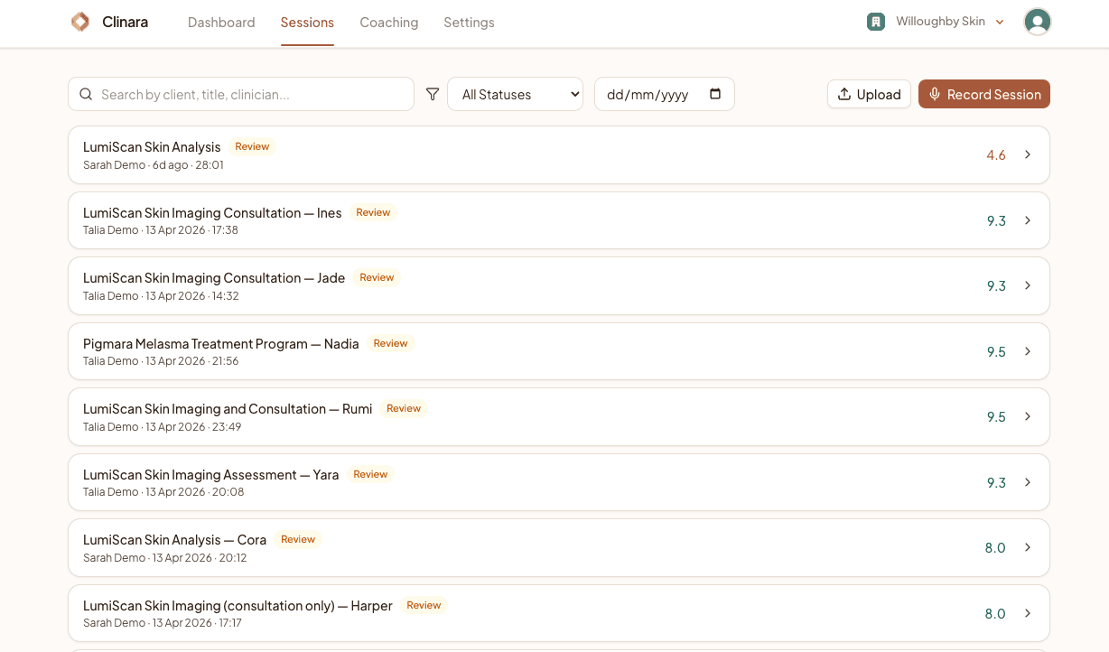 Sessions list with Upload and Record Session buttons