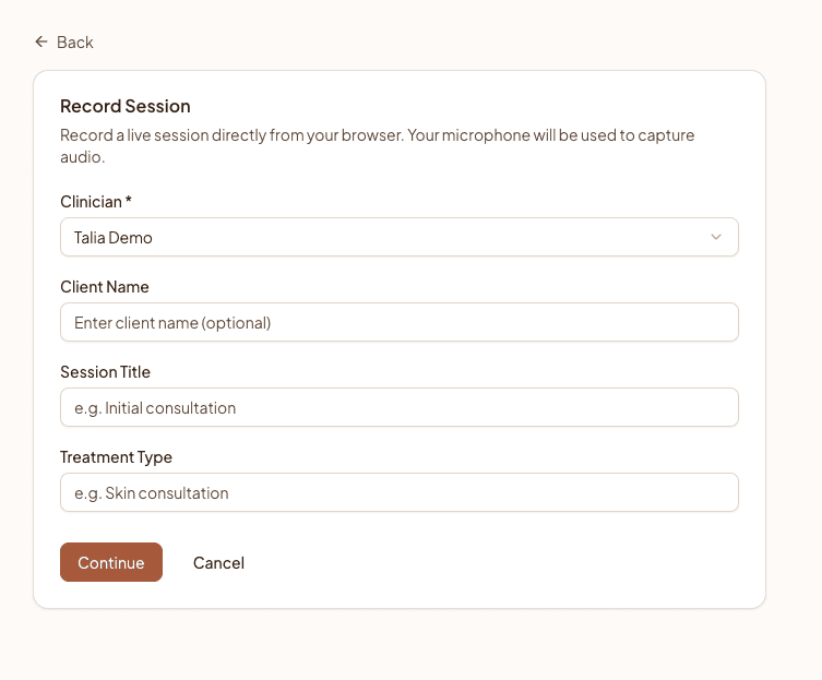 Record Session form with clinician, client name, title, and treatment type fields