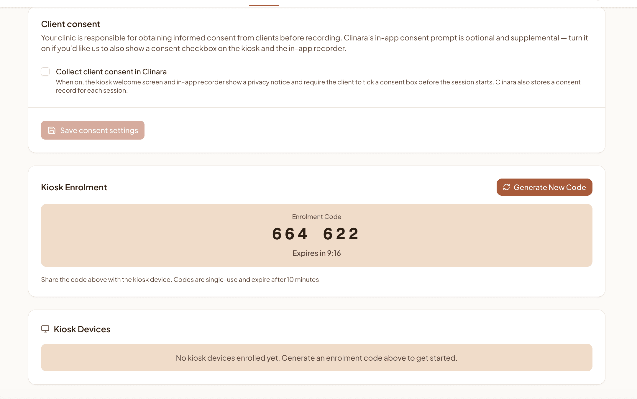 Kiosk Enrolment card showing a generated 6-digit code