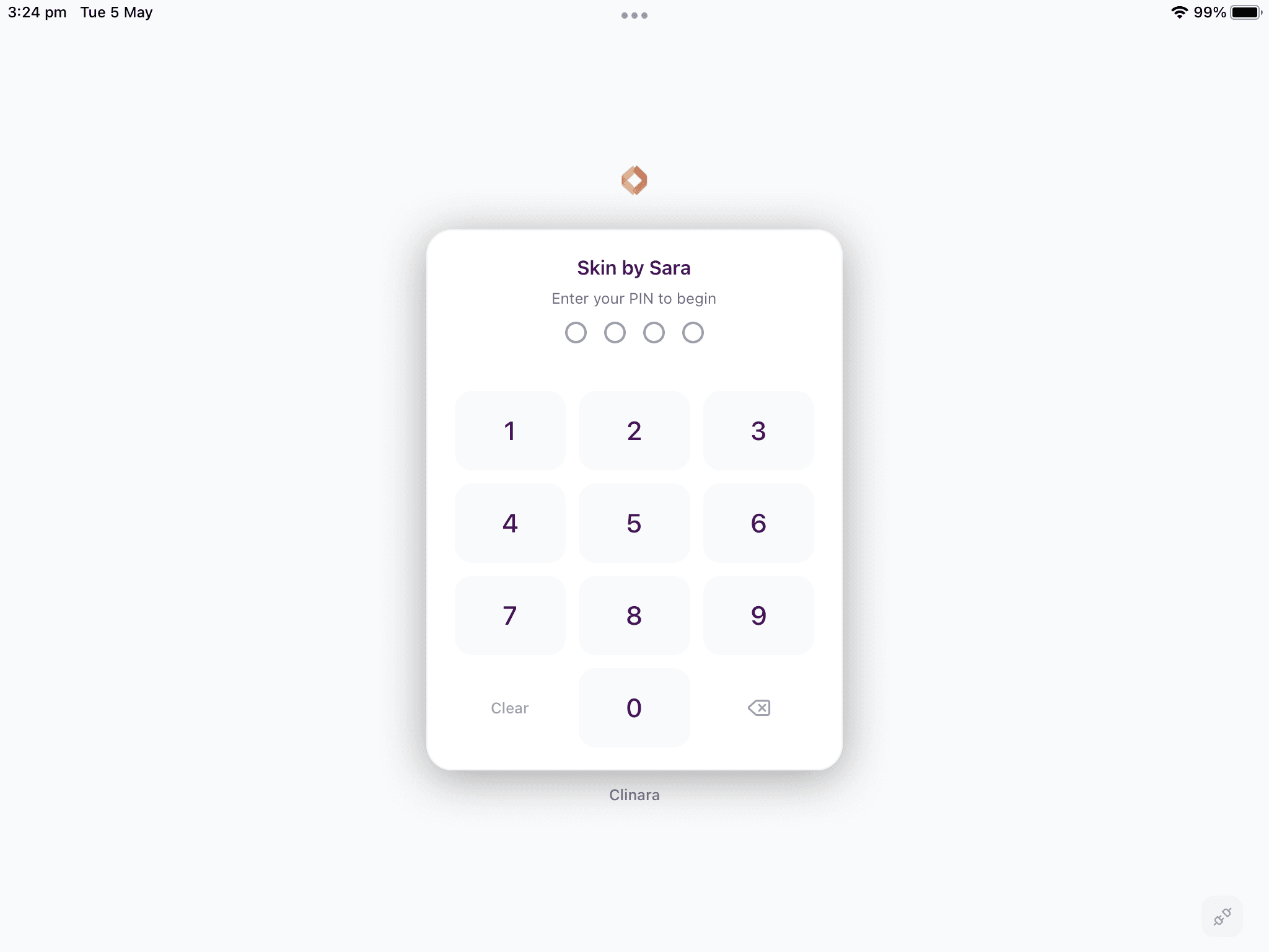 Branded kiosk PIN entry screen with numeric keypad