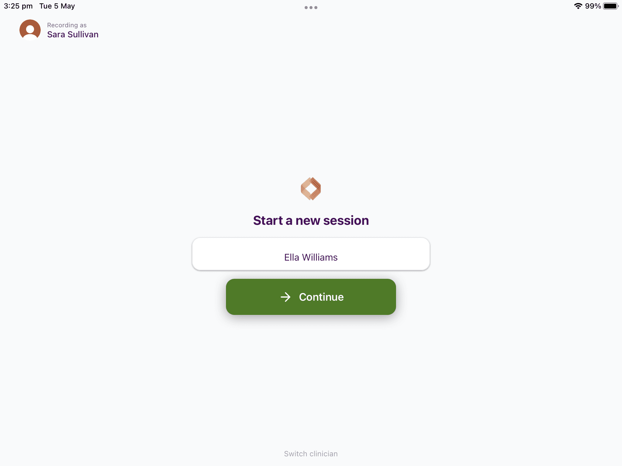 Start a new session screen with client name field and Switch clinician option