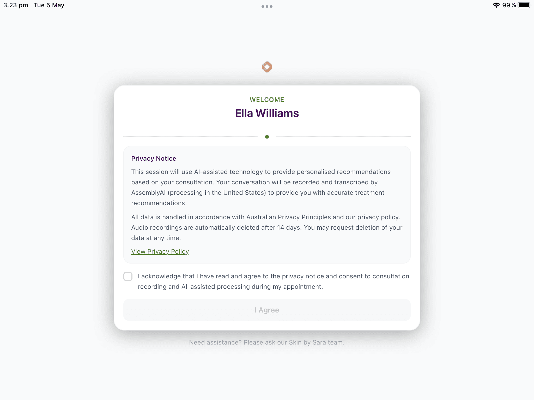Branded client privacy notice with I Agree button