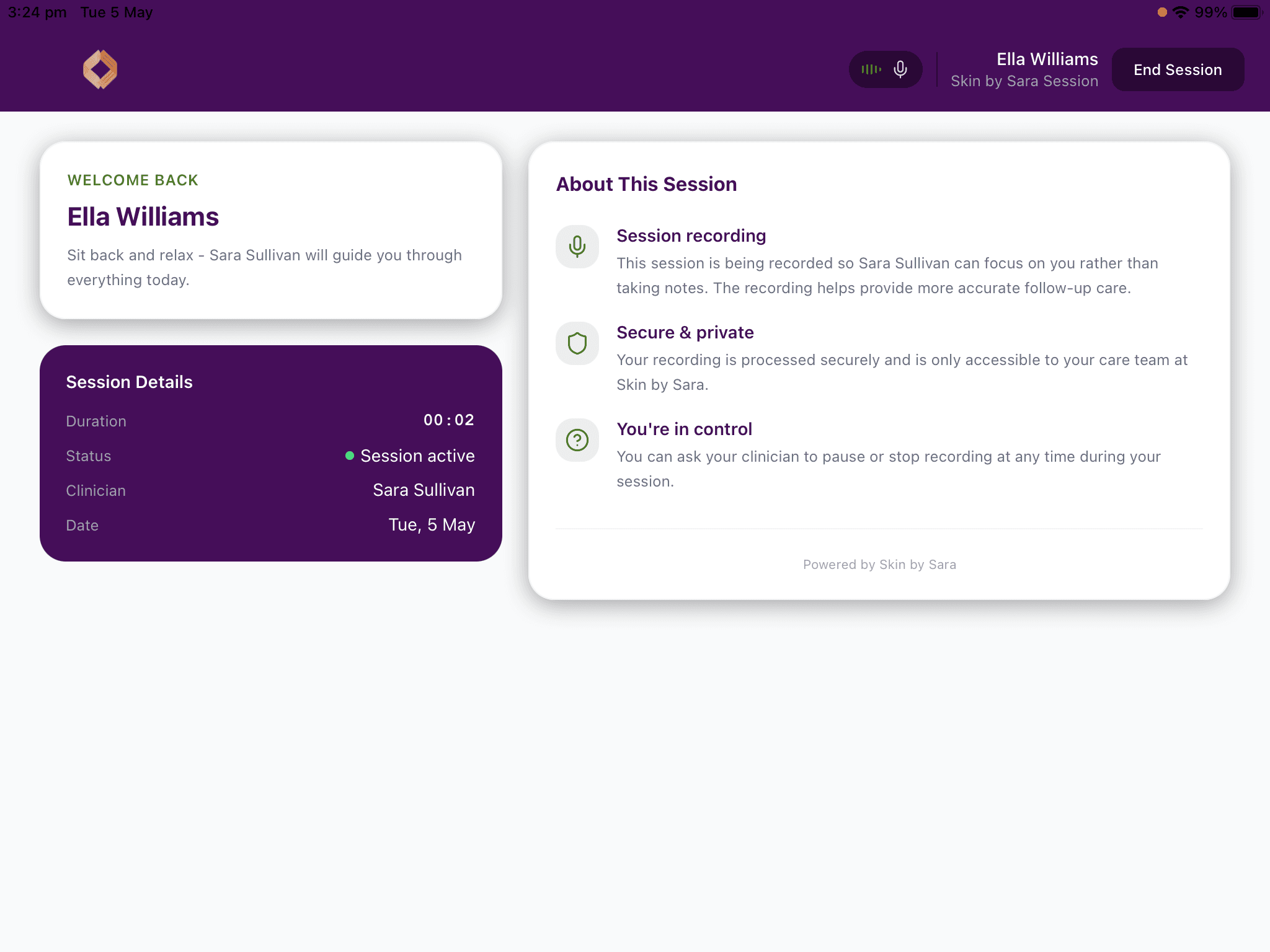 Active session screen with session details and About This Session panel