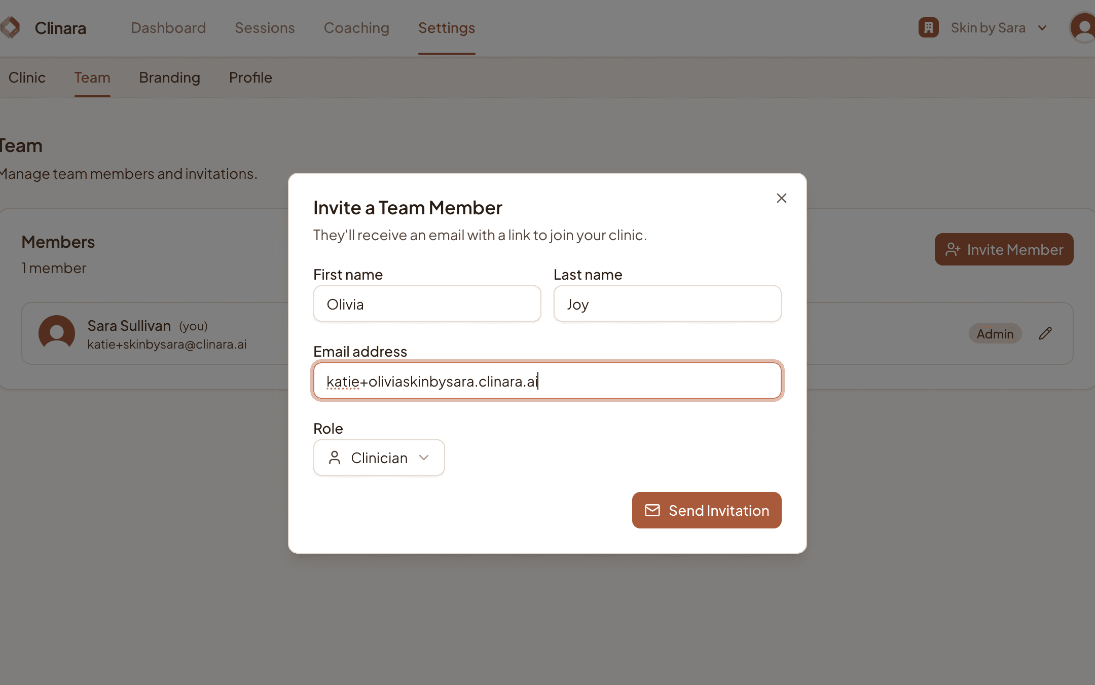 Invite a Team Member dialog with name, email, and role fields