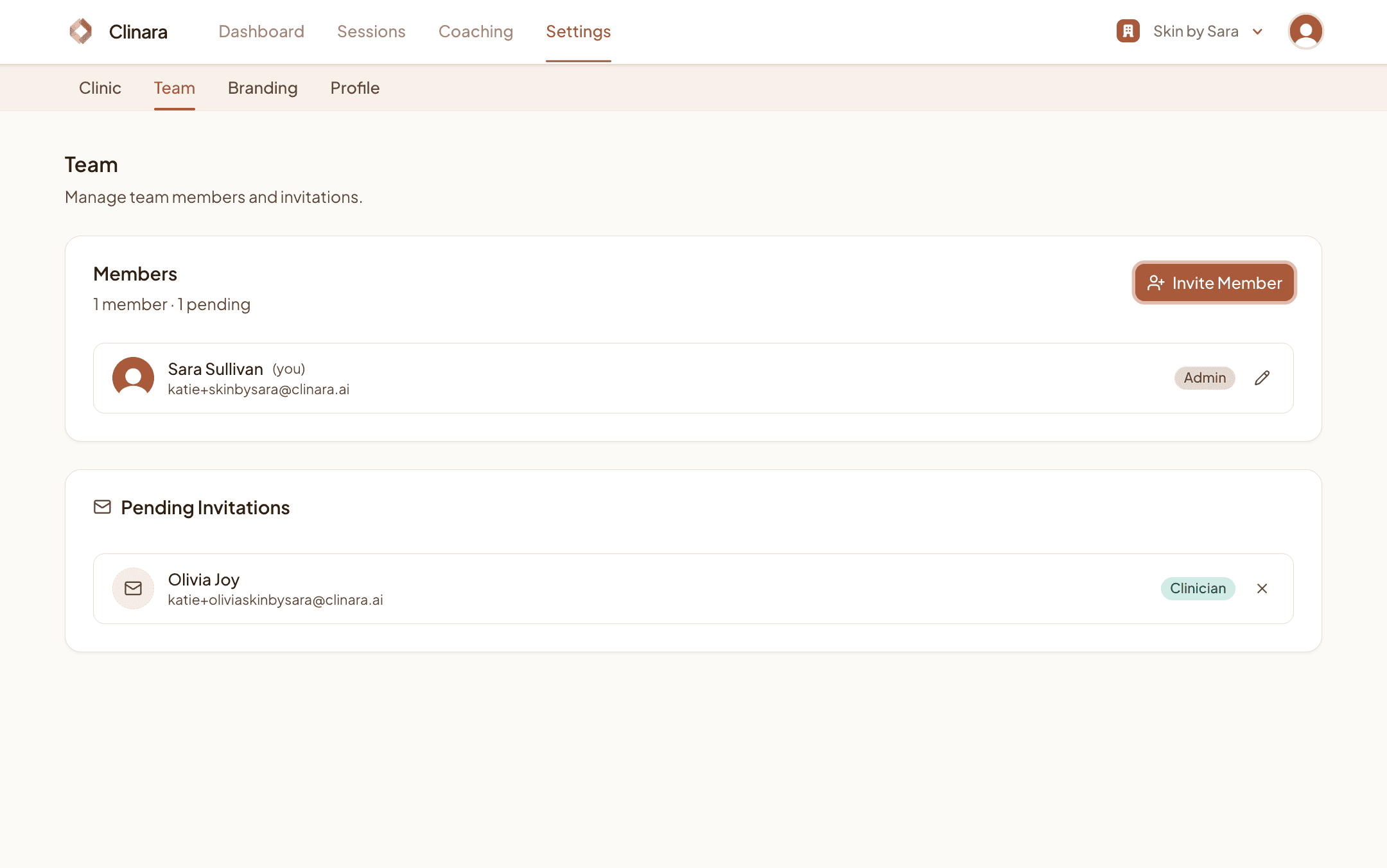 Team page showing one pending invitation under Pending Invitations